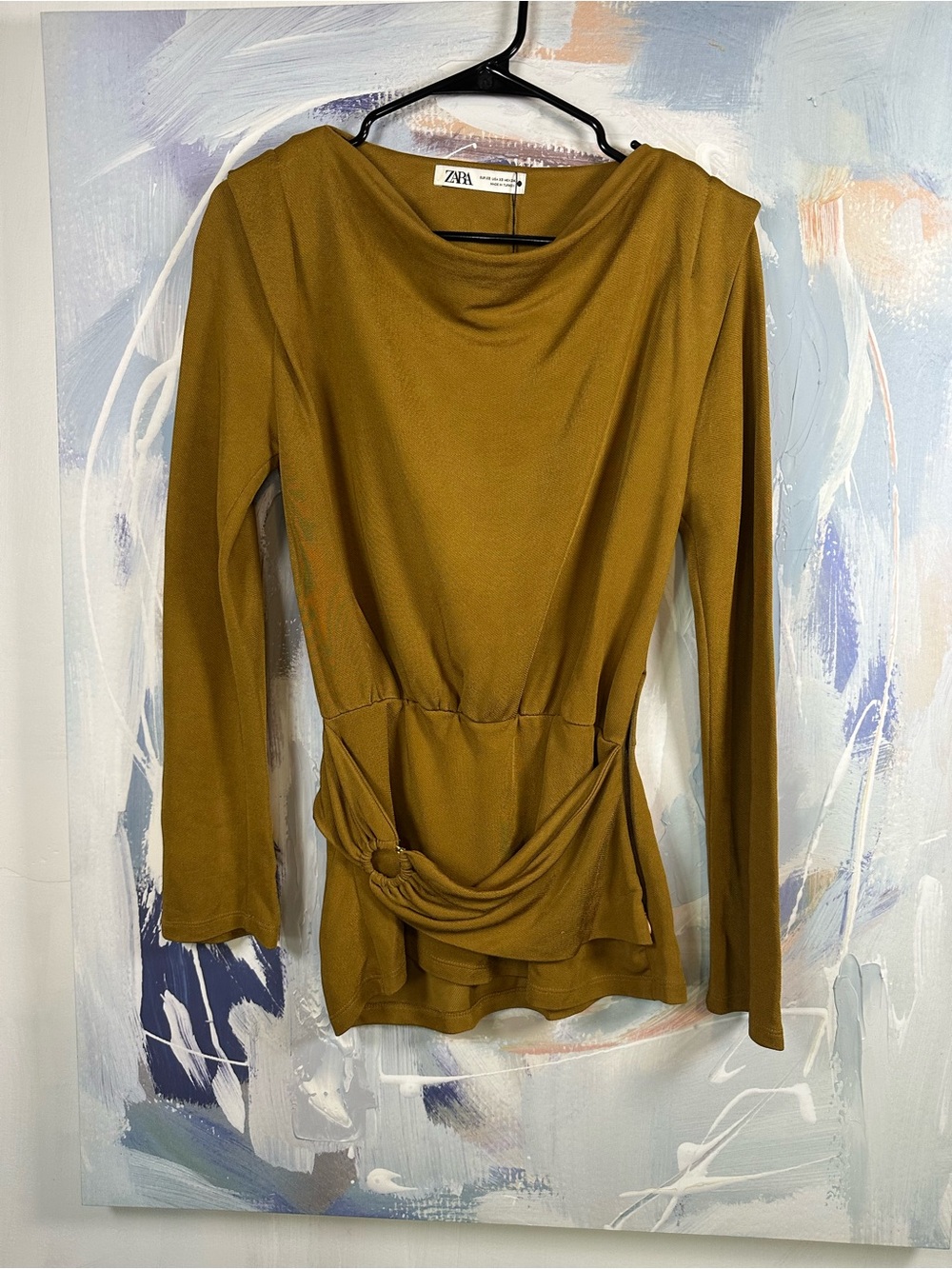 Zara Mustard Gold Draped Cowl Neck  Top XS NWT